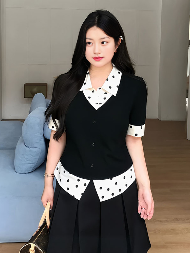 빅 사이즈 한 부서 레트로 도트 무늬 페이크 레이어드 반팔 여성 셔츠 이른 봄 새로운 지방 mm 꼬집기 허리 슬림해 보이는 연령 감소 맨위