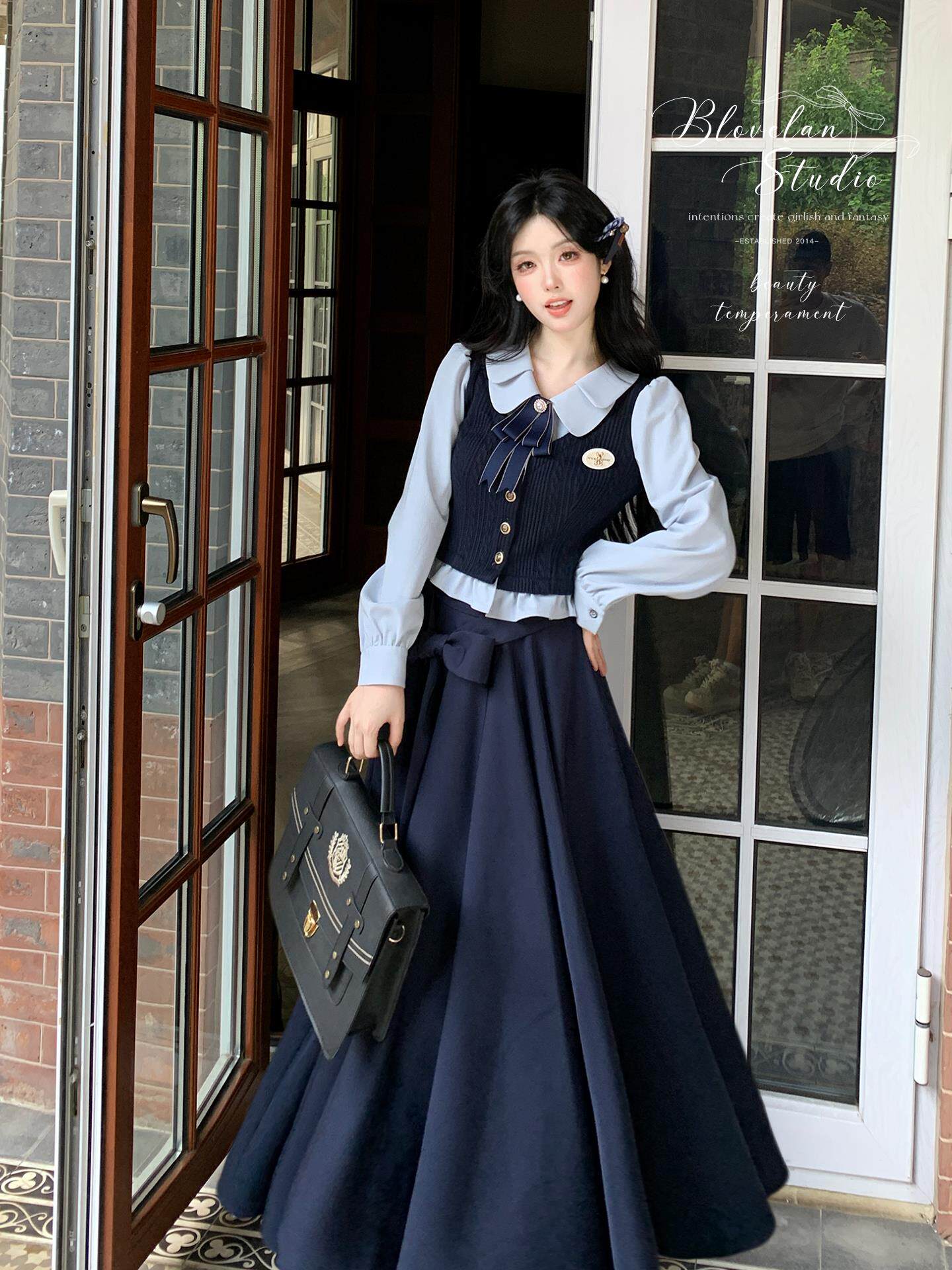 빅 사이즈 여성 의류 한 부서 학원 스타일 연령 감소 슬림해 보이는 페이크 레이어드 니트 맨위 품격 우산 치마 반신 치마 세트