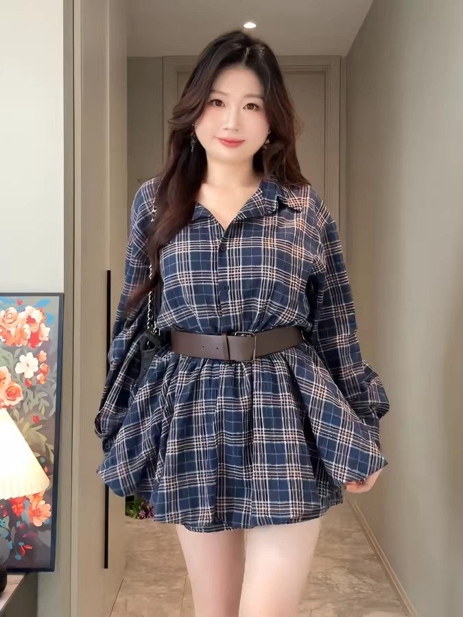 빅 사이즈 지방 mm 2026 봄 한 부서 격자 무늬 셔츠 여성복 패션 외국 가스 연령 감소 슬림해 보이는 표지 고기 투피스 세트