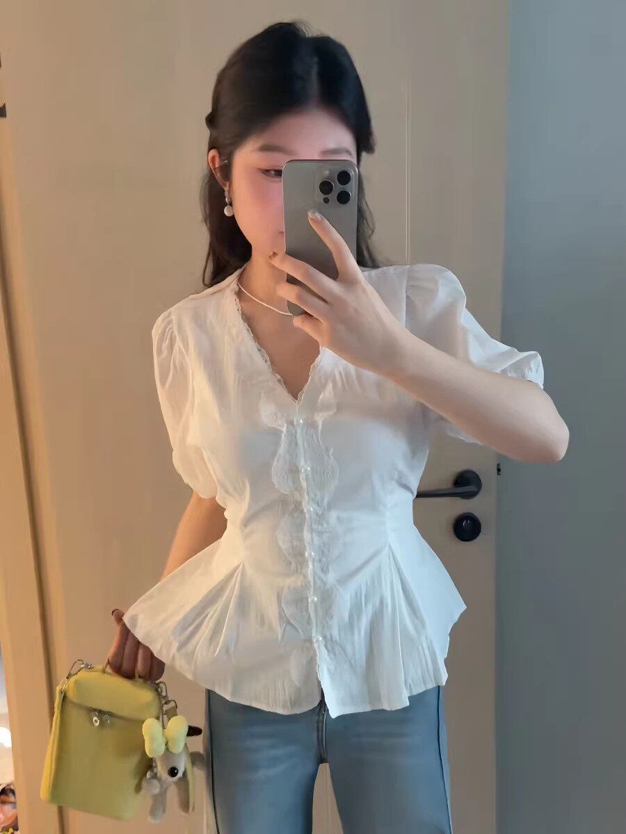 빅 사이즈 지방 mm 프랑스식 순수한 욕망 바람 레이스 조각 반팔 여성 셔츠 여름 스트랩 특별 아름다운 꼬집기 허리 위로 의류