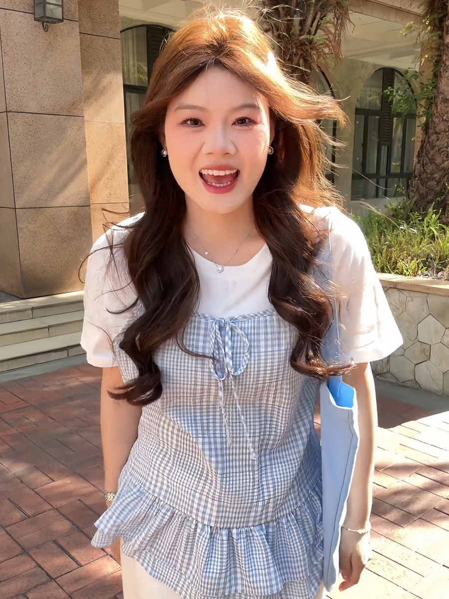 빅 사이즈 지방 mm 한 부서 파란색 체크무늬 레이스업 페이크 레이어드 맨위 여름 새로운 슈퍼 잘 생긴 아름다운 반팔 티셔츠