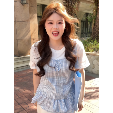 批发大码胖mm韩系蓝色格纹系带假两件上衣夏季新款超好看漂亮短袖t恤