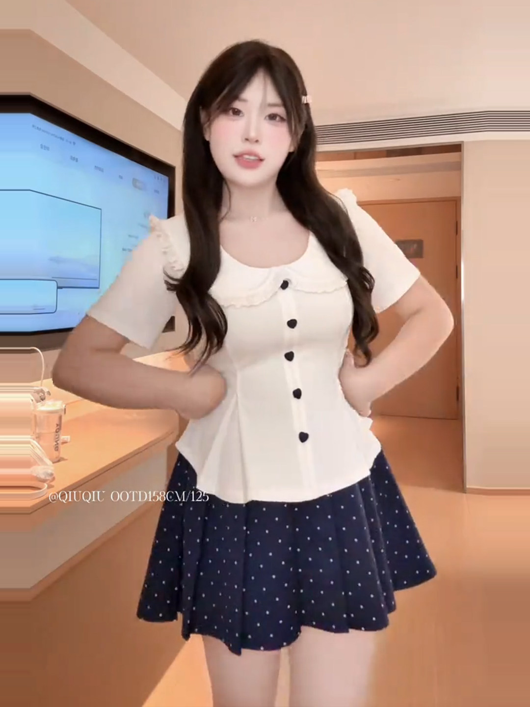 빅 사이즈 한 부서 고급 센스 베이비 칼라 반팔 셔츠 여성 여름 지방 mm 하이웨이스트 도트 무늬 플리츠 스커트 슬림해 보이는 세트