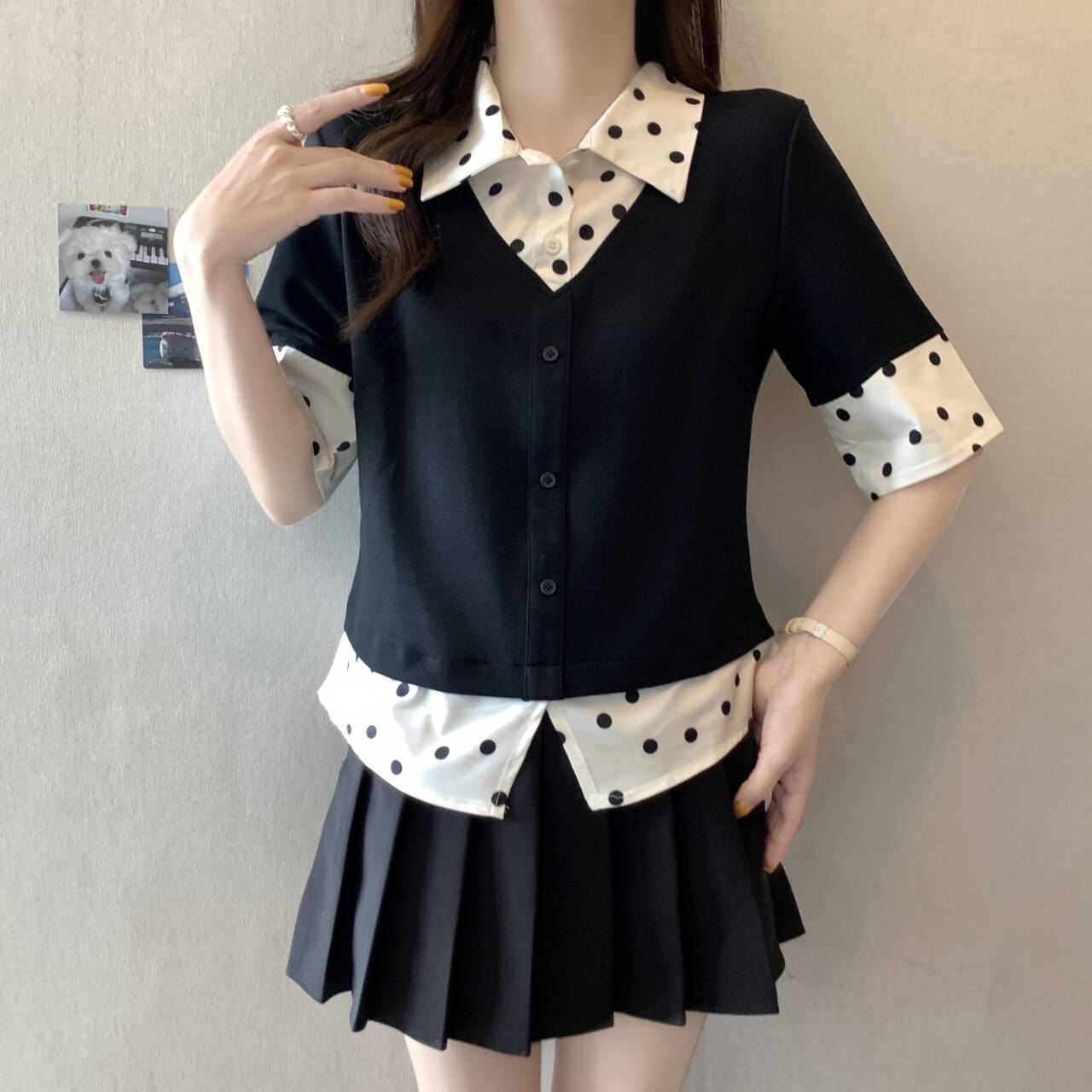 빅 사이즈 지방 mm 한 부서 chic 배색 패치워크 도트 무늬 페이크 레이어드 반팔 여성 셔츠 이른 봄 꼬집기 허리 슬림해 보이는 맨위
