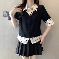 批发大码胖mm韩系chic撞色拼接波点假两件短袖衬衫女早春掐腰显瘦上衣