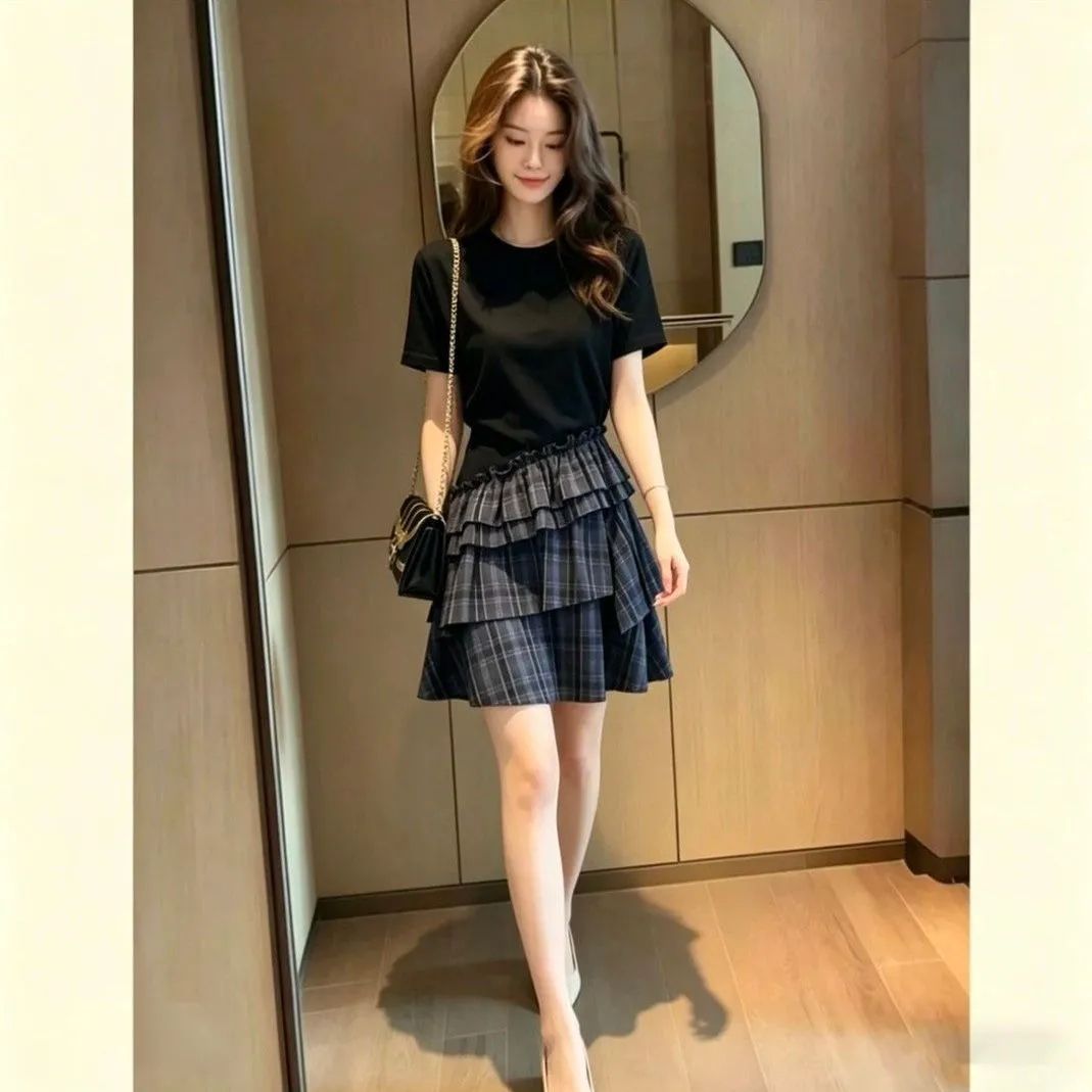프랑스식 품격 불규칙 여름 새로운 작은 키 고급 센스 슬림해 보이는 체크무늬 배색 패치워크 케이크 드레스