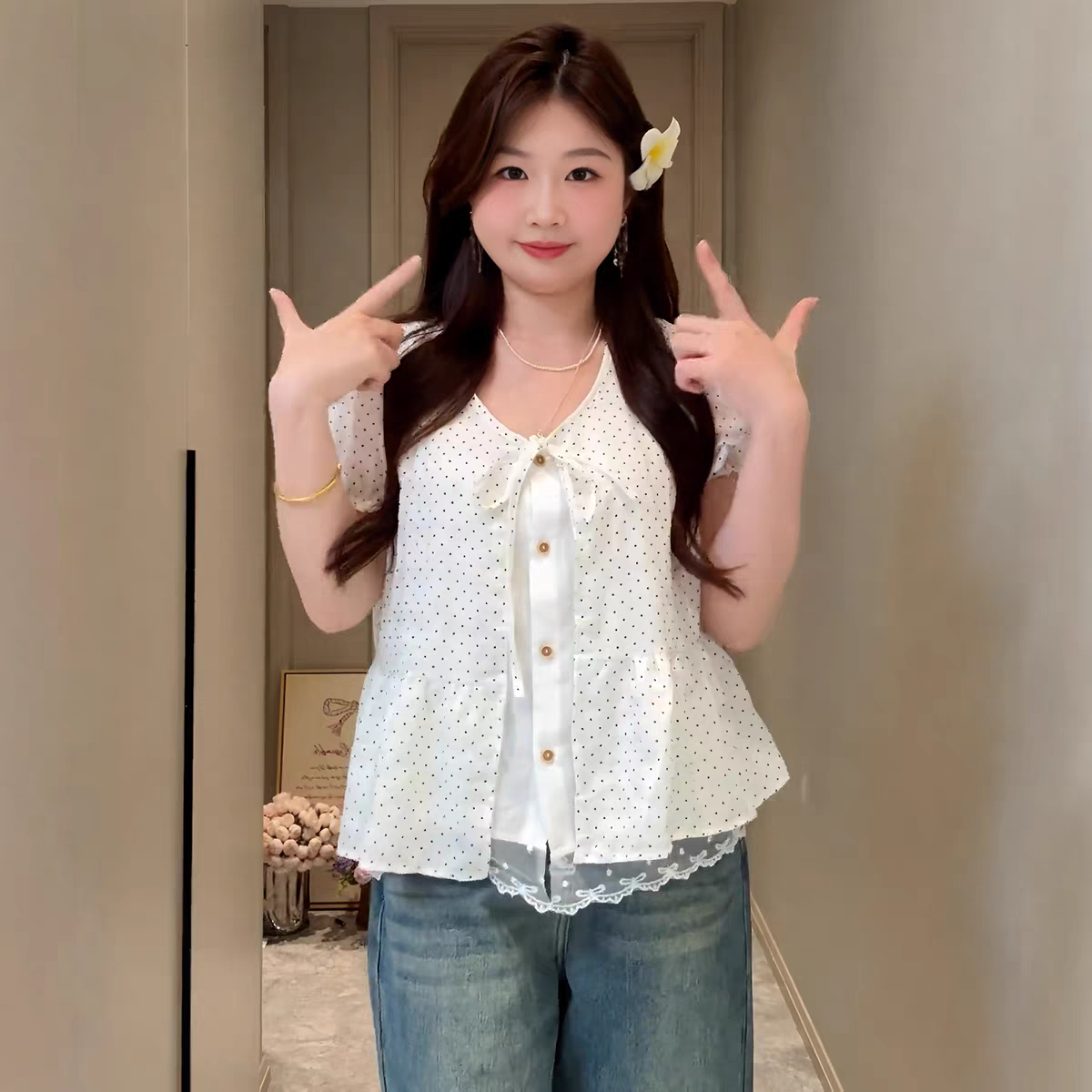 빅 사이즈 한 부서 연령 감소 도트 무늬 페이크 레이어드 반팔 여성 셔츠 여름 지방 mm 레이스 레이스 패치워크 단추 맨위