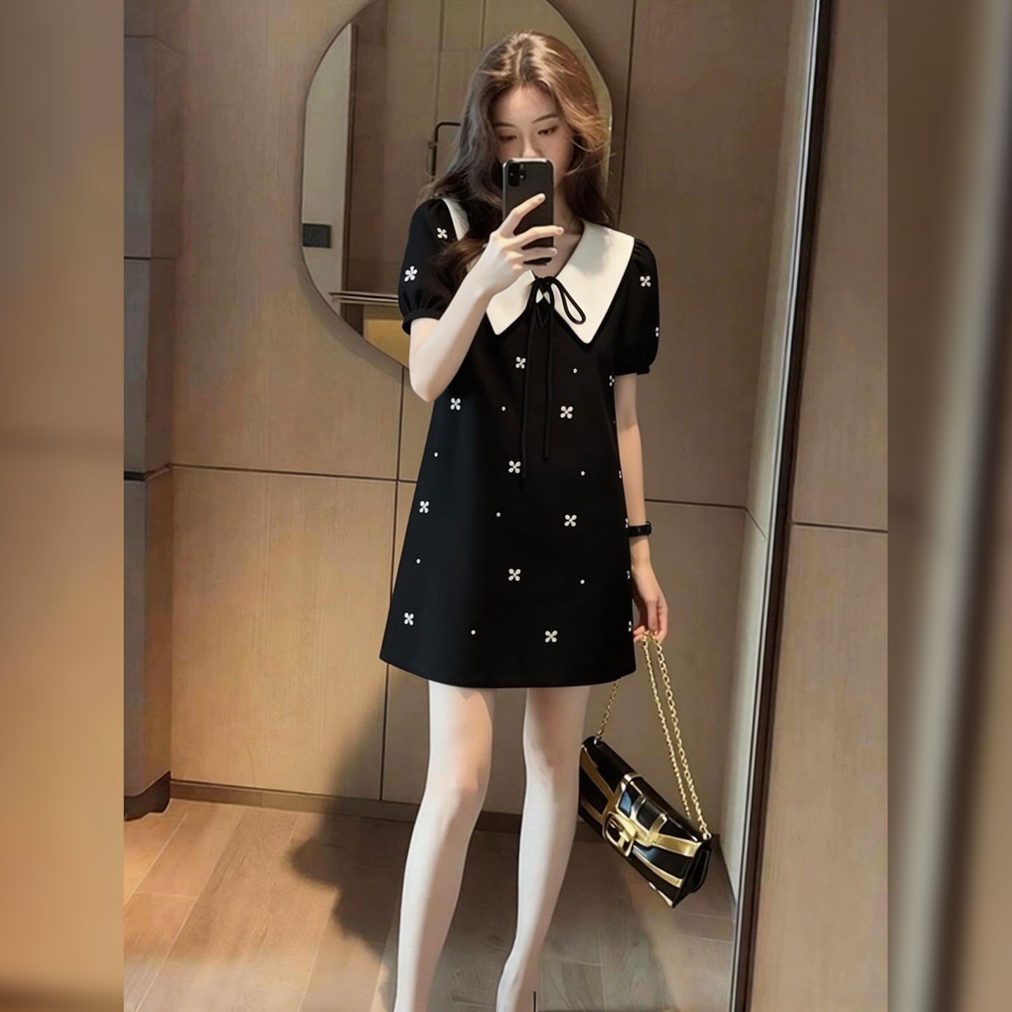프랑스식 패션 루즈핏 캐주얼 표지 고기 슬림해 보이는 품격 프린트 여성 드레스 여름 고급 센스 거품 소매 치마
