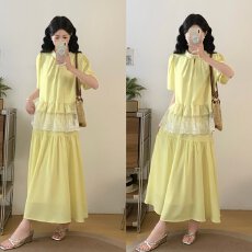 批发气质黄色上衣半身裙两件套女大码女夏季小个子巨好看独特穿搭套装