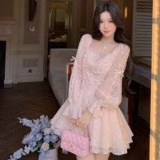 批发新品秋季大小姐蝴蝶结网纱减龄甜美清纯少女<b class='q'>粉色</b>短款大码<b class='q'>连衣裙</b>
