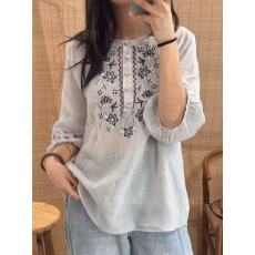 批发贞选棉麻<b class='q'>衬衫</b>女2026年夏季新款<b class='q'>刺绣</b>宽松中袖文艺复古上衣