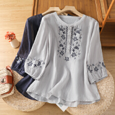 批发实拍棉麻<b class='q'>衬衫</b>女2026年夏季新款<b class='q'>刺绣</b>宽松中袖文艺复古上衣