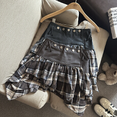 批发实拍 秋冬新款美拉德复古<b class='q'>街头</b>拼接格纹不规则半身裙女短裙裙子