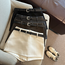 批发实拍 秋冬新款纯色<b class='q'>韩版</b>开衩毛呢裙<b class='q'>裤</b>防走光半身裙短裙配腰带