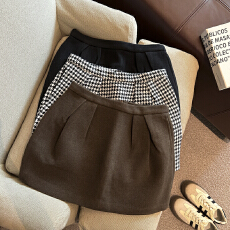 批发实拍 法式复古千鸟格A子花苞半身裙裙秋冬毛呢短裙女