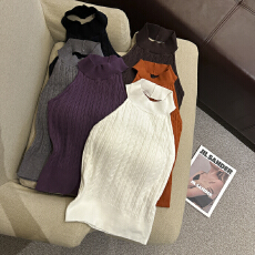 批发实拍 辣妹秋冬针织挂脖背心带胸垫纯色内搭绞花无袖上衣