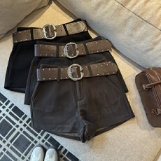 批发实拍 秋冬新款呢子高腰<b class='q'>休闲裤</b>宽松短裤靴裤配腰带女