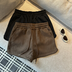 批发实拍 辣妹纯色秋冬高腰<b class='q'>休闲裤</b>麂皮绒松紧腰系带短裤女