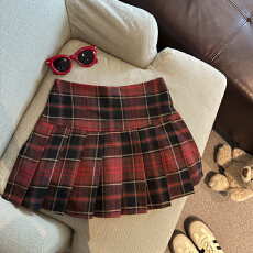 批发实拍 毛呢圣诞红色格子百褶<b class='q'>半身裙</b>女秋冬减龄A字高腰呢子短裙子