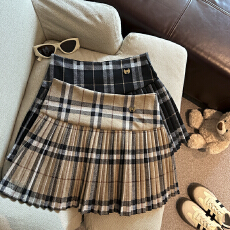 批发实拍 韩版时尚显瘦格子学院风呢子<b class='q'>百褶裙</b>女高腰a字裙半裙短裙女