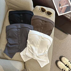 批发实拍 辣妹性感一字肩抹胸背心带胸垫女秋季修身短款露脐开叉上衣