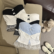 批发实拍 辣妹纯欲蕾丝拼接撞色抹胸带胸垫女秋季修身显瘦短款上衣