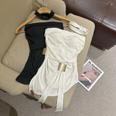 批发实拍 金属扣收腰绑带围脖带胸垫无袖抹胸不规则褶皱露背上衣背心