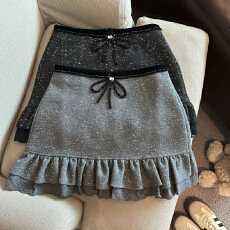 批发实拍 拼接荷叶边细闪呢子短裙女秋冬新品法式<b class='q'>复古</b>时尚显瘦包臀裙