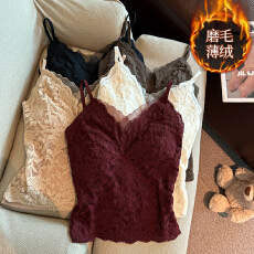 批发实拍法式蕾丝吊带背心女秋<b class='q'>冬</b>磨毛薄绒美背文胸内搭带胸垫短款打底