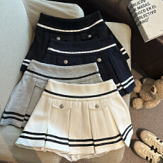 批发实拍2026年春夏新款韩系气质学院风修身<b class='q'>条纹</b>百褶裙高腰显瘦<b class='q'>短裙</b>女