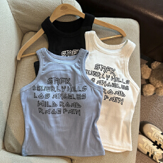 批发实拍 2026新款夏季字母印花显瘦圆领无袖<b class='q'>背心女</b>带胸垫修身上衣