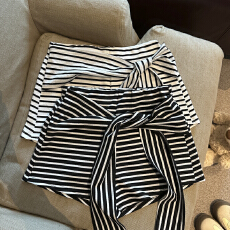 批发撞色黑白条纹飘带阔腿裤女夏季新款绑带高腰显瘦休闲<b class='q'>短裤</b>