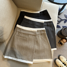 批发实拍 夏季新款韩版时尚减龄不规则百搭<b class='q'>条纹</b>高腰防走光A字短裙女