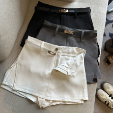 批发实拍 下摆开叉高腰灰色配皮带西装<b class='q'>短裤</b>女2025夏季韩版外穿热裤