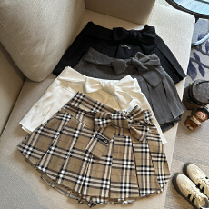 实拍 2026春夏新款格子高腰显瘦绑带蝴蝶结百褶裙纯色短裙女