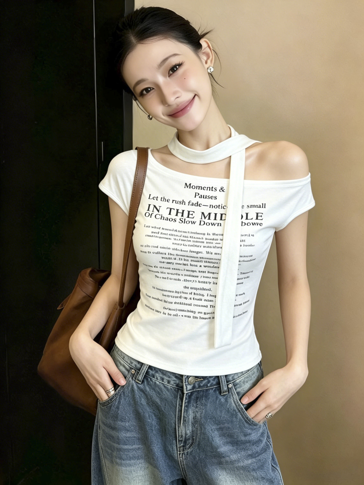 실사 2026 여름 한 부서 순수한 욕망 바람 수 있습니다. 비스듬한 칼라 알파벳 프린트 벨트 리본 슬림해 보이는 몸매 가꾸기 슬림해 보이는 핫걸 티셔츠