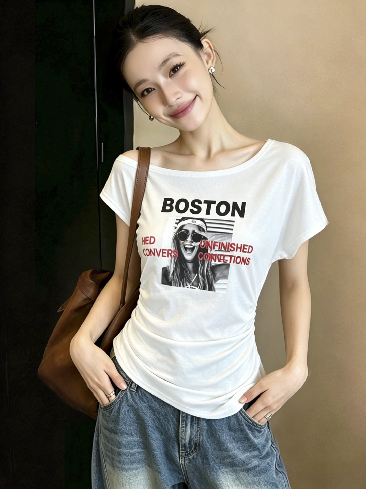 실사 아메리칸 레트로 핫걸 오프숄더 알파벳 프린트 반팔 티셔츠 여성 여름 다용도 꼬집기 허리 위로 의류 트렌디