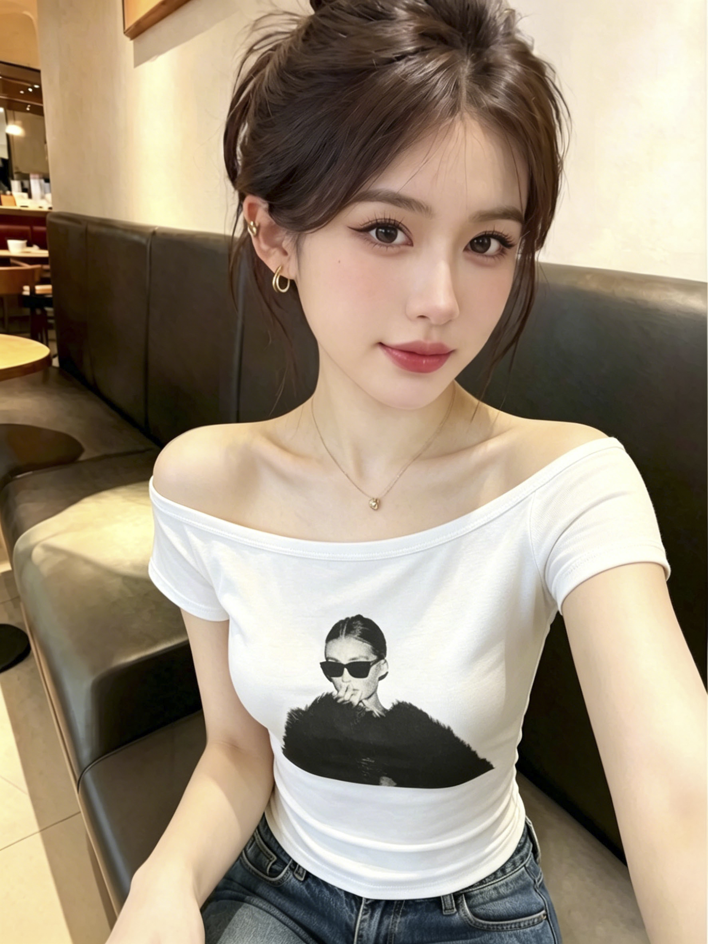 실사 아메리칸 레트로 초상화 프린트 반팔 티셔츠 여성 2026 여름 몸매 가꾸기 다용도 보트넥 오프숄더 맨위