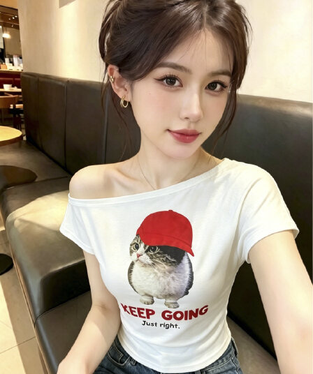 실사 비스듬한 어깨 보트넥 티셔츠 여성 여름 고양이 프린트 반팔 한 부서 핫걸 루즈핏 슬림해 보이는 오프숄더 맨위