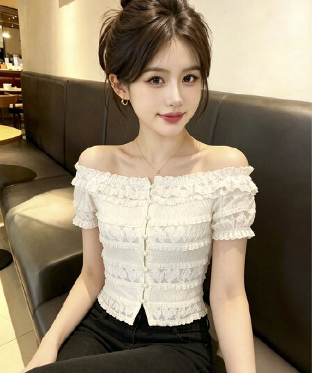 실사 프랑스식 부드러운 오프숄더 레이스 반팔 티셔츠 여성 프릴 허리 수축 여름 쇼트 스타일 오프숄더 맨위
