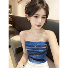 批发实拍 复古辣妹风牛仔印花抹胸女带胸垫<b class='q'>夏</b>外穿修身无袖短款上衣
