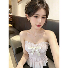 批发实拍 甜辣少女减龄抹胸女<b class='q'>夏</b>季新款收腰独特蝴蝶结露肩上衣带胸垫