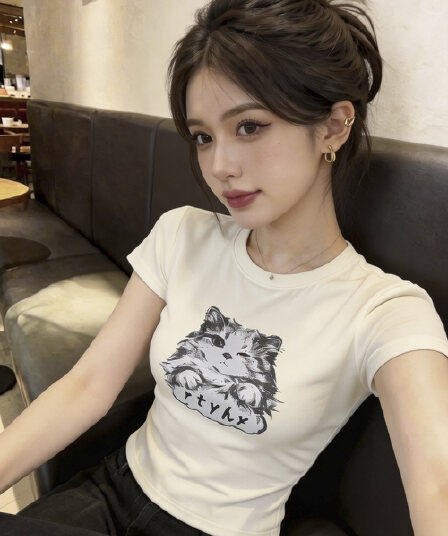 실사 핫걸 아메리칸 새끼 고양이 프린트 반팔 티셔츠 여름 허리 수축 디스플레이 얇고 작은 날다 소매 맨위