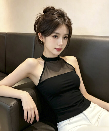 실사 화이트 마이크로 ~을 통해 망사 패치워크 민소매 행침 목 조끼 여성 여름 순수한 욕망 섹시함 핫걸 허리 수축 맨위