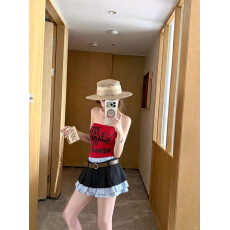 批发实拍 美式复古字母印花带胸垫抹胸背心女<b class='q'>装</b>别致修身显瘦无袖上衣