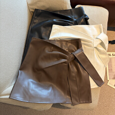 批发实拍 2026秋冬高腰系带PU皮半身裙裤女防走光A字包臀短裙