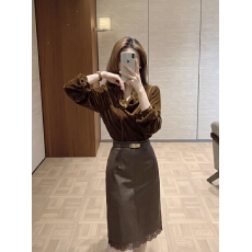 批发实拍 2026秋冬韩版淑女气质简约pu皮拼接<b class='q'>蕾丝</b><b class='q'>半身裙</b>中裙配腰带