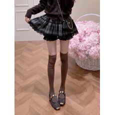 批发实拍 学院风格子拼接蕾丝花边半身裙松紧腰蓬蓬A字呢子短裙防走光