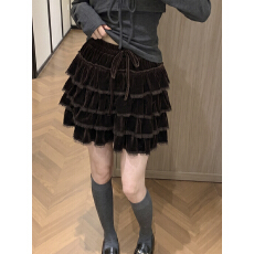 批发实拍 蕾丝花边丝绒蛋糕短裙女松紧高腰防走光a字蓬蓬蝴蝶结半身裙