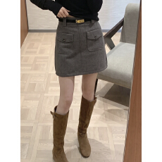批发实拍 复古美拉德毛呢半身裙女高腰防走光a字口袋半身裙配腰带